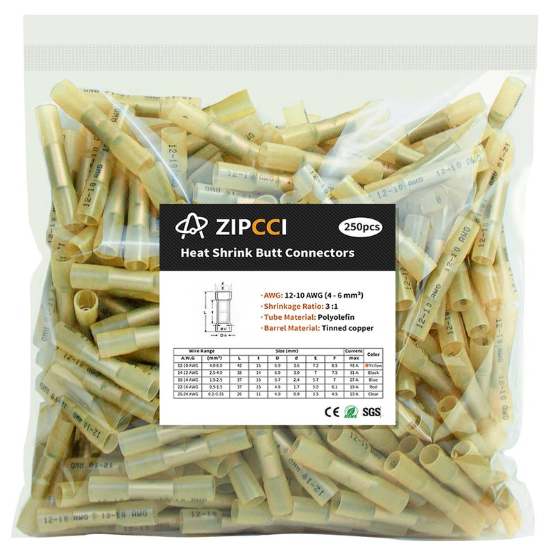 ZIPCCI 12-10 AWG Heat Shrink Butt Connectors, 250Pcs Yellow Waterproof Crimp Electrical Wire Connectors Splice Marine Automotive Cable Wiring Terminals - Image 1